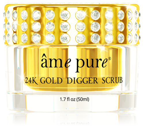 Et krukke med gullfarget skrubb med glitrende steiner på lokket, merket 'Âme Pure 24K Gold Digger Scrub.'