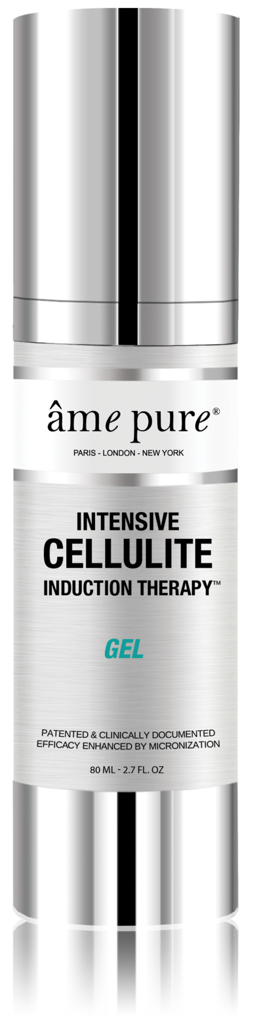 En sølvfarvet og hvid flaske mærket som âme pure Intensive Cellulite Gel til terapi. Den er 80 ml. Enkel design.