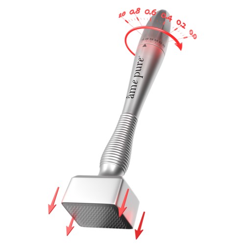 A metal tool with a dial at the top, marked with numbers, and arrows pointing downwards at the bottom.