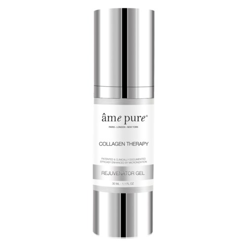 En hudvårdsprodukt som heter Rejuvenator Gel, med en silverfärgad och vit flaska, som främjar kollagenbehandling.