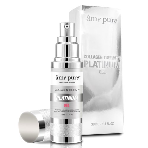 En sølvfarget og hvit hudpleieflesk med pumpe, merket som kollagenbehandling platinum gel, foran en tilsvarende eske.