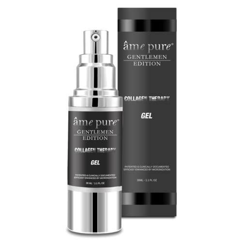 En flaske og eske med Amepure Collagen Therapy Gel for menn, svart og sølv emballasje.
