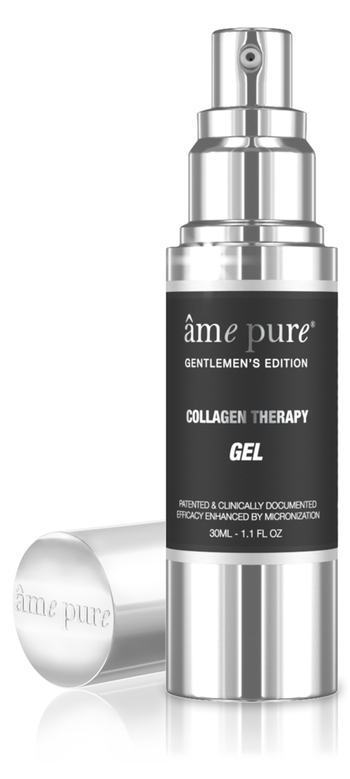 En sølv- og svart flaske med pump, merket 'ámé pure Collagen Therapy Gel' for hudpleie.