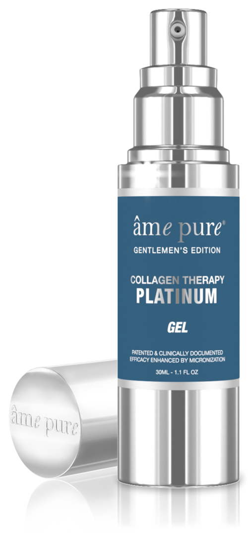 En sølv- og blå flaske med ôme pure Collagen Therapy Gel Platinum med pumpe, låg og reflekterende overflade.