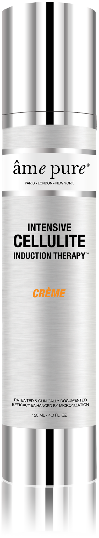 Hopeanvärinen ja valkoinen pullo, jossa musta teksti 'âme pure' ja 'INTENSIVE CELLULITE'.