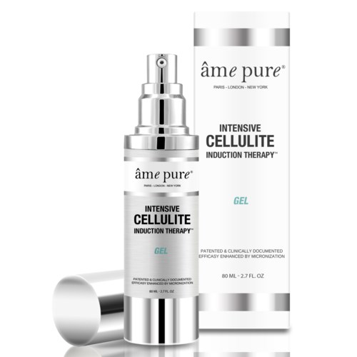 En hudplejeprodukt kaldet âme pure intensive cellulite gel med pumpe og æske, begge i sølv og hvidt.