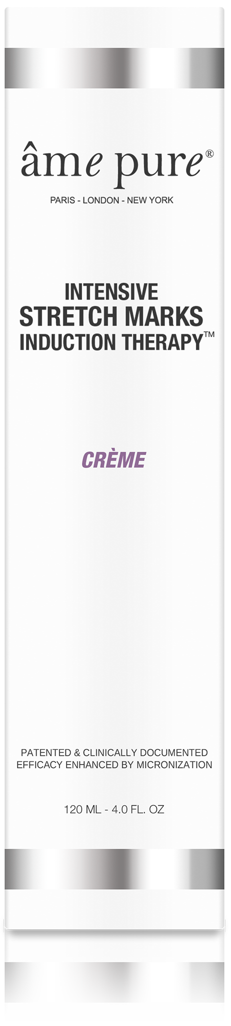 Valkoinen putkilomainen, jossa on mustaa ja hopeanväristä tekstiä, nimeltään 'Ame Pure Intensive Stretch Marks Induction Therapy Creme'.