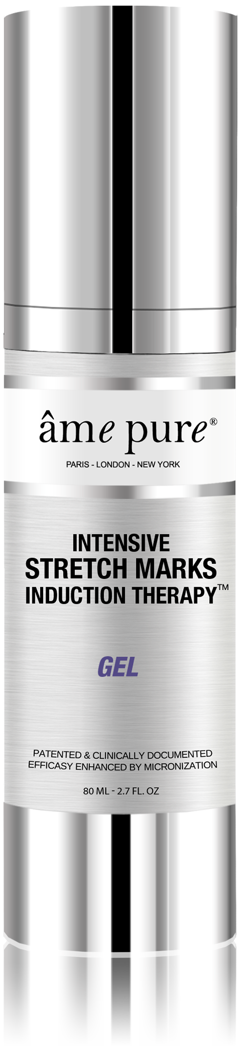 A white cylindrical bottle with a silver cap, labeled as 'Ame Pure' gel for stretch marks.