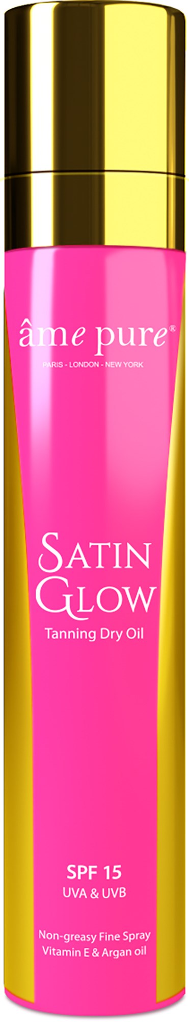 En lang rosa og gullaktig flaske med satin glow selvbruning olje med SPF 15 og vitamin E for huden.