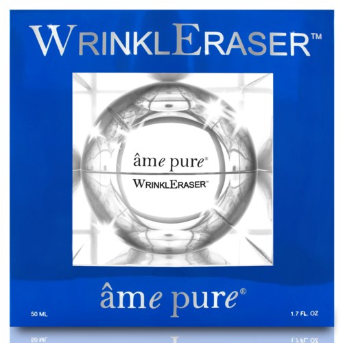 En blå æske med teksten "Wrinkle Eraser" og "âme pure." Indeholder et produkt kaldet Wrinkle Eraser.