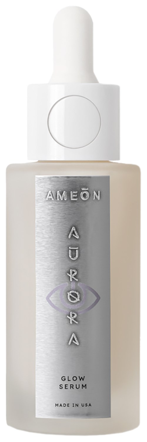Biała butelka z kroplomierzem, oznaczona 'Ameon' i 'Glow Serum', wyprodukowana w USA.