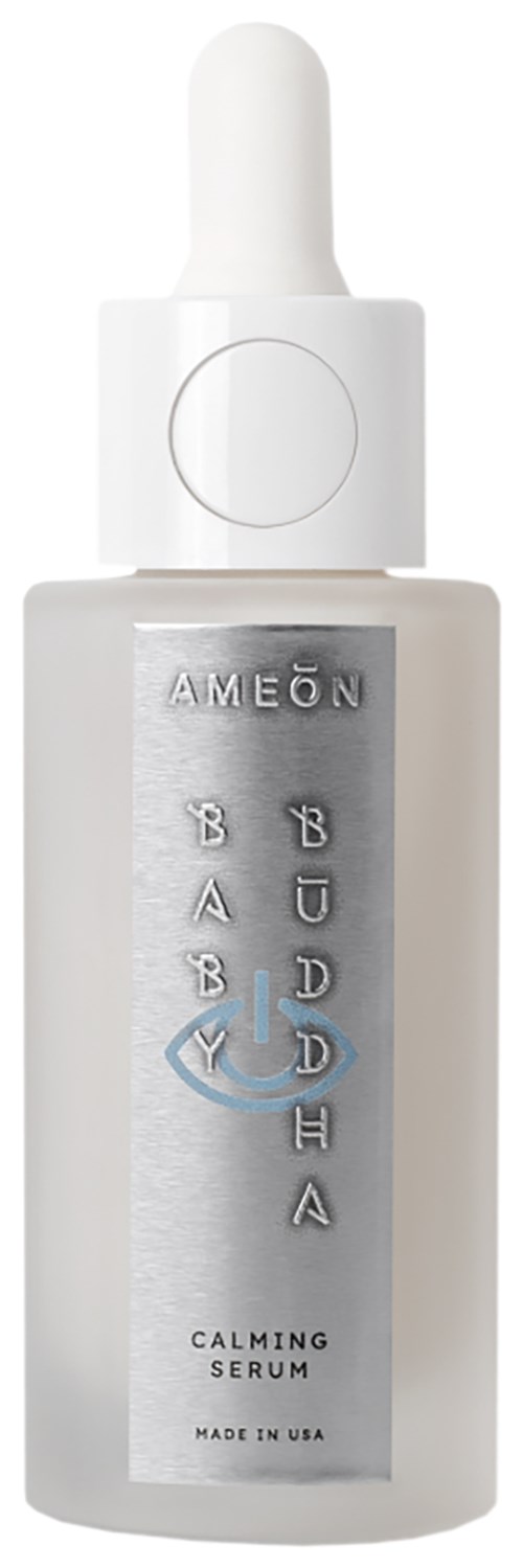 Biała butelka z pipetą, oznaczona 'Calming Serum' od Amon, do pielęgnacji skóry. Zawiera łagodzące składniki.