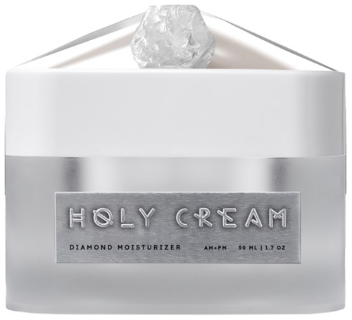 Biały pojemnik z srebrną etykietą, tekst mówi Holy Cream, diamentowy krem nawilżający, 50 ml, z diamentem na górze.