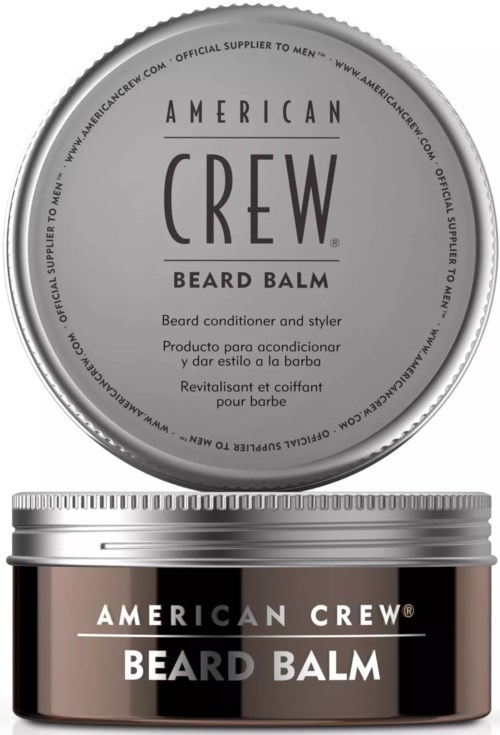 Rund metallboks med svart etikett og sølvlokk, inneholder American Crew Beard Balm.