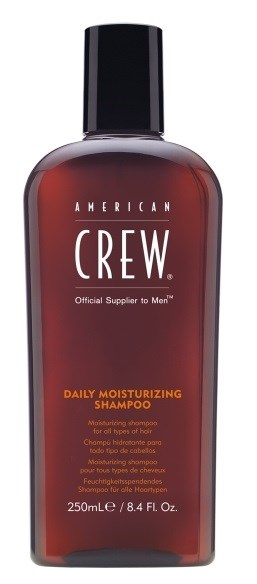 Butelka American Crew Daily Moisturizing Shampoo z czarnym korkiem i czerwonym opakowaniem, dla mężczyzn.