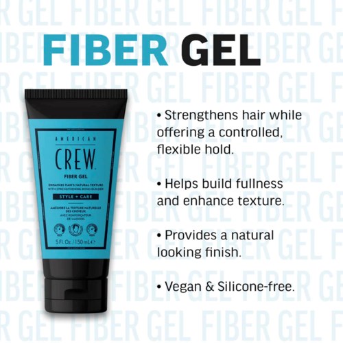 Een blauwe en zwarte tube American Crew Fiber Gel met opgesomde voordelen eromheen.