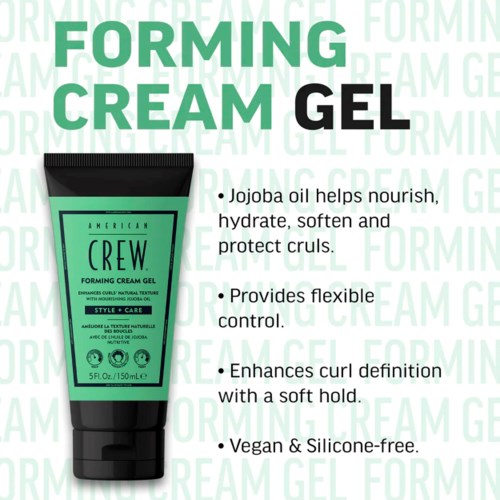 Een groene tube van American Crew formingscrèmegel met voordelen van het product op de achtergrond.
