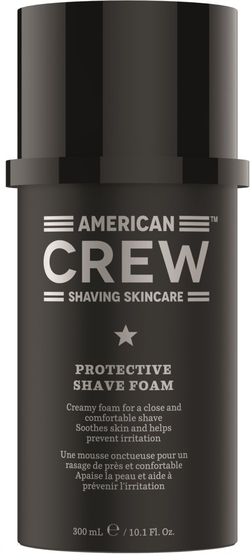 En svart burk med silver- och vit text, märkt 'American Crew' och 'Protective Shave Foam'.