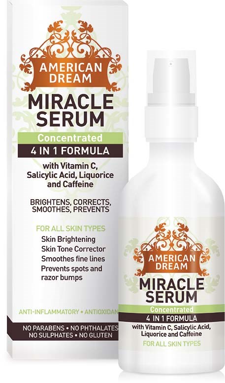 A white bottle and box of American Dream Miracle Serum, which claims to brighten skin, reduce lines, and prevent spots.