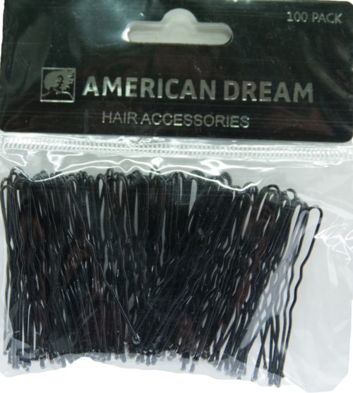 A pack of 100 black hair clips in a clear plastic bag with a black top label. The label says 'American Dream Hair Accessories'.