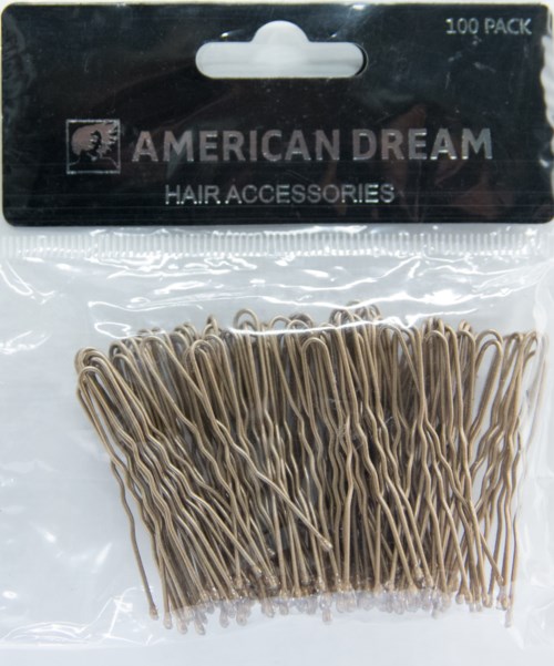 A pack of 100 hairpins labeled 'American Dream Hair Accessories' in a clear plastic bag.