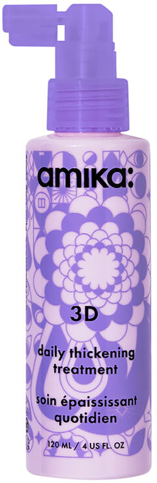 A purple bottle with a pump, labeled 'amika 3D daily thickening treatment,' containing 120 ml or 4 fl oz of product.