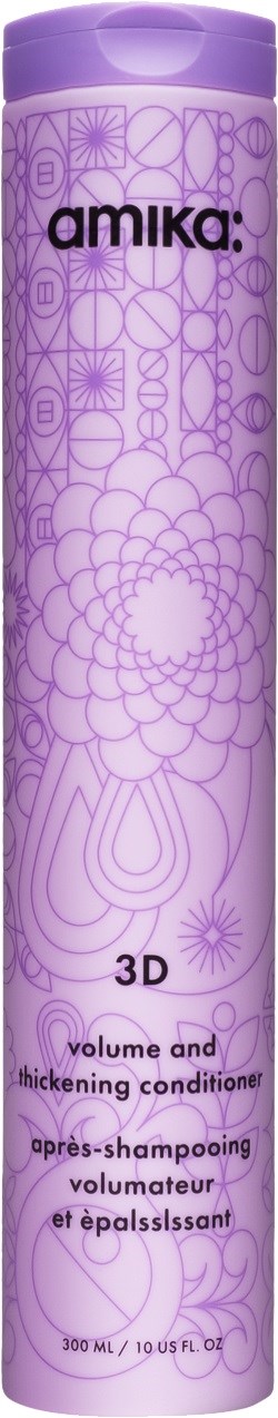 En lång, lila flaska med Amika 3D-volym- och tjockningsbalsam för hår. Enkel design med mönster och text.