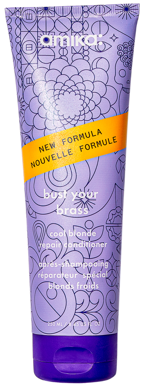 Purple tube with floral and abstract patterns, yellow label, and white text. Contains hair conditioner for blondes.