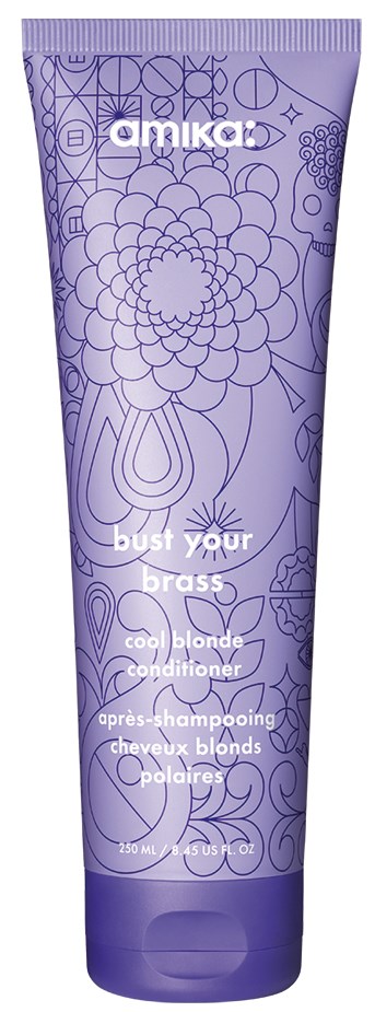 Purple bottle with floral and geometric designs, labeled as Amika Bust Your Brass cool blonde conditioner, 250 ml.
