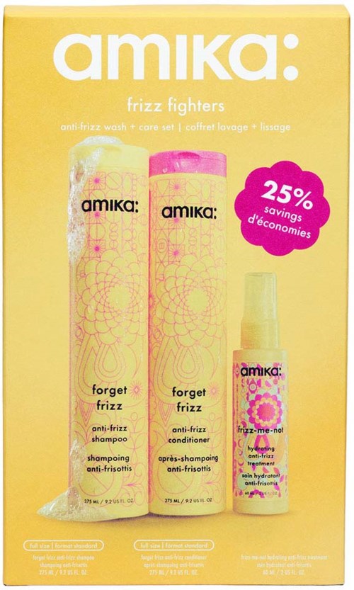 Yellow box with three Amika hair care products: shampoo, conditioner, and leave-in spray, featuring pink and purple floral designs.