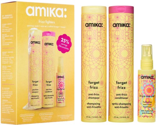 Packaging set of Amika forget frizz anti-frizz shampoo, conditioner, and spray with yellow and pink design.