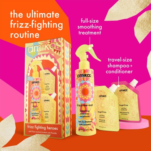 Packaging of a haircare set with a spray bottle and two refill pouches, vibrant pink and orange background with text.