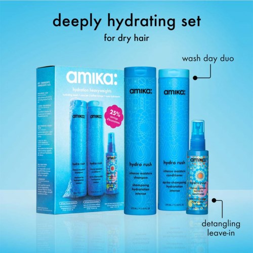 Amika dybt hydratiseringssæt med blå flasker med shampoo, balsam og leave-in spray til tørt hår.