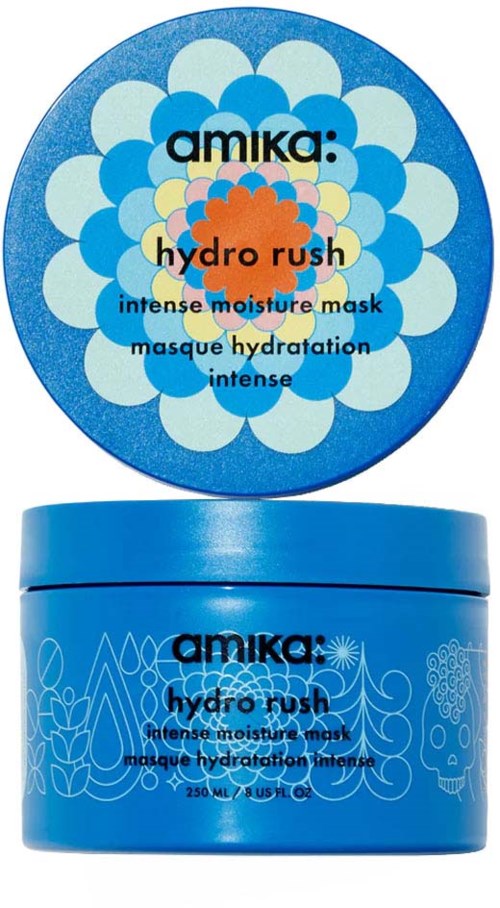 Niebieski słoik z pokrywką, ozdobiony wzorami i tekstem o maseczce nawilżającej 'hydro rush' od Amika.