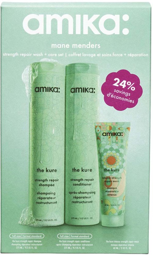 En række grønne shampoo, balsam og hårplejeprodukter fra Amika med en 24% rabatmærke.