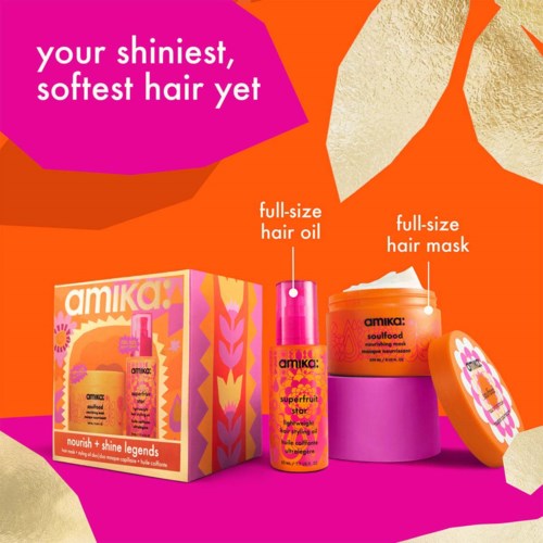 Eine orangefarbene Box mit pinken und gelben Mustern, zwei Haarpflegeprodukte: Öl und Maske, mit beschreibenden Etiketten und Verpackung.