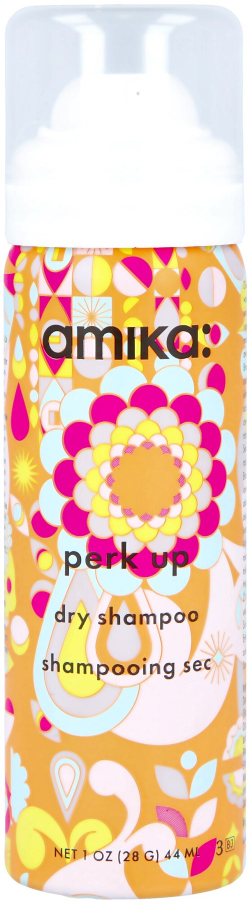 Colorful dry shampoo bottle with floral and abstract patterns, brand name 'amika' and product details.