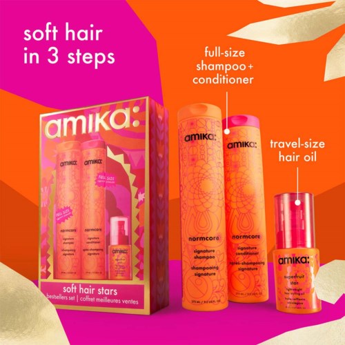 Illustration af tre Amika hårplejeprodukter: shampoo, balsam og hårolie, med farverig emballage og branding.