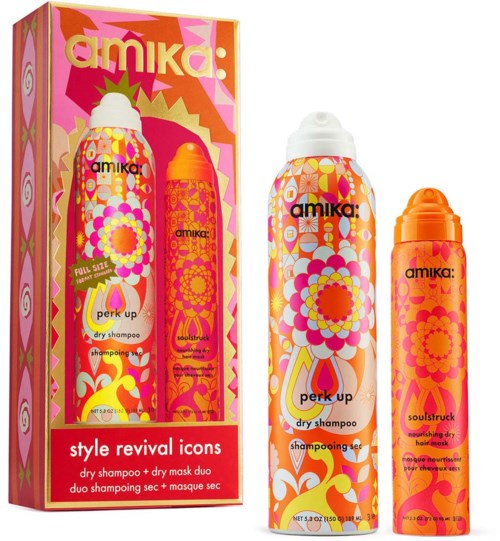 Amika Trocken-Shampoo und Masken-Duo mit buntem Blumen- und Geometrie-Verpackung in Pink, Orange und Gelb.