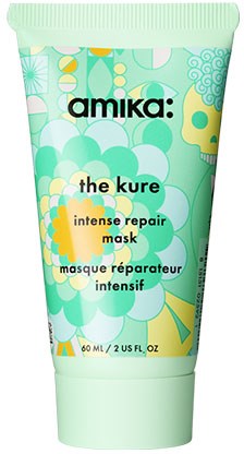 A tube of Amika hair mask with bright, colorful design, featuring a skull, flowers, and abstract shapes.