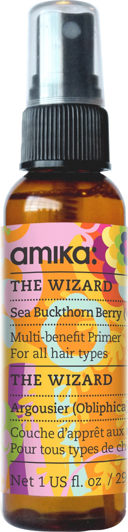 En liten brun sprayflaska med färgglad etikett, kallad "The Wizard" för hår, med ingredienslista.