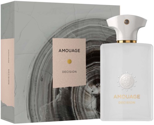 En parfymeflaske med en eske, begge merket 'AMOUAGE DECISION,' elegant design med grå, beige og hvite farger.