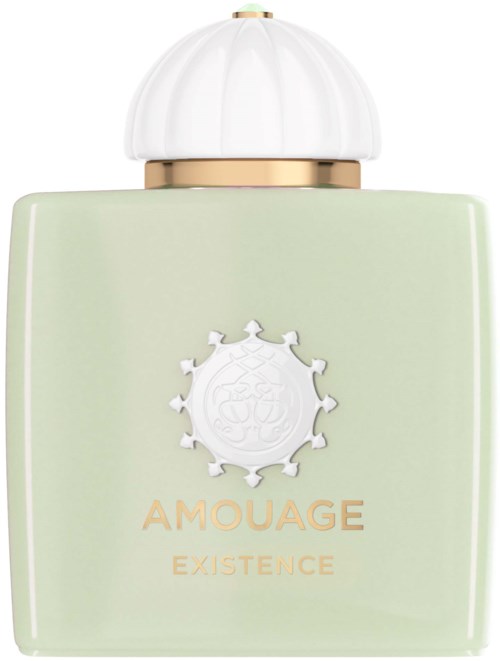 Een lichtgroene parfumfles met een witte dop en goudaccenten, met logo en de woorden "AMOUAGE EXISTENCE."