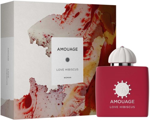 En parfyllflaska och box med livfulla röda och vita färger och blommönster, märkt Love Hibiscus av Amouage.