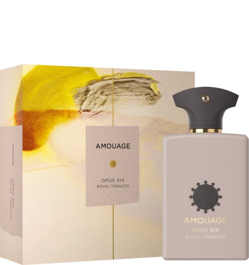 Butelka perfum i pudełko z abstrakcyjnym dziełem sztuki w żółtym, szarym i białym kolorze, oznaczone "Amouage Opus XIV Royal Tobacco."
