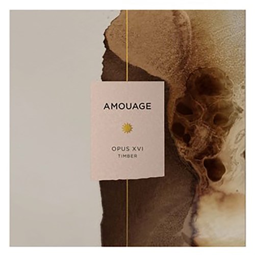 A label with the text 'AMOUAGE OPUS XVI TIMBER' hangs in front of a skull and textured background.
