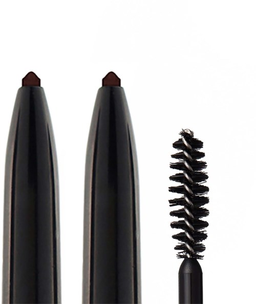 Two eyebrow pencils and a spoolie brush with black and brown colors, used for eyebrow makeup.