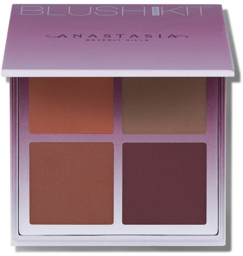 A makeup palette with four different blush shades in a pink case. The palette is titled "Blush Kit" by Anastasia. 