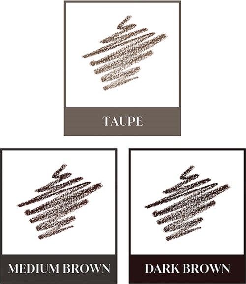 Three swatches show different shades: taupe, medium brown, and dark brown.
