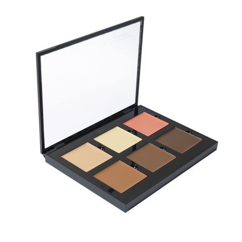 A makeup palette with six different shades, open with a mirror inside the lid.